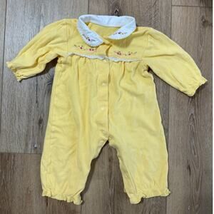 Yellow Floral Embroidered Baby Romper Peter Pan Collar 6-9M Vintage Style